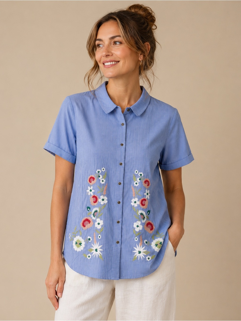 C EST. 1946 Embroidered Floral Pinstripe Button Front‎ Shirt XL Cottagecore
